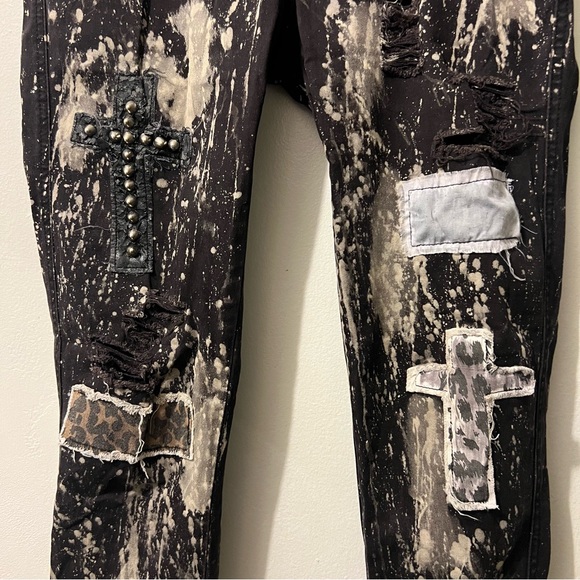 Royal Bones Distressed and Splatter Print Black Skinny Jeans - Picture 2 of 12